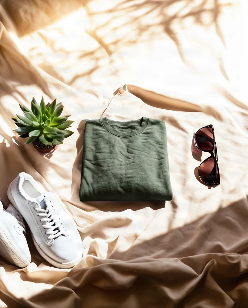Folded sweatshirt: flat lay scene