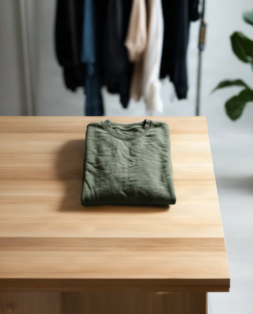 Folded sweatshirt: boutique table scene
