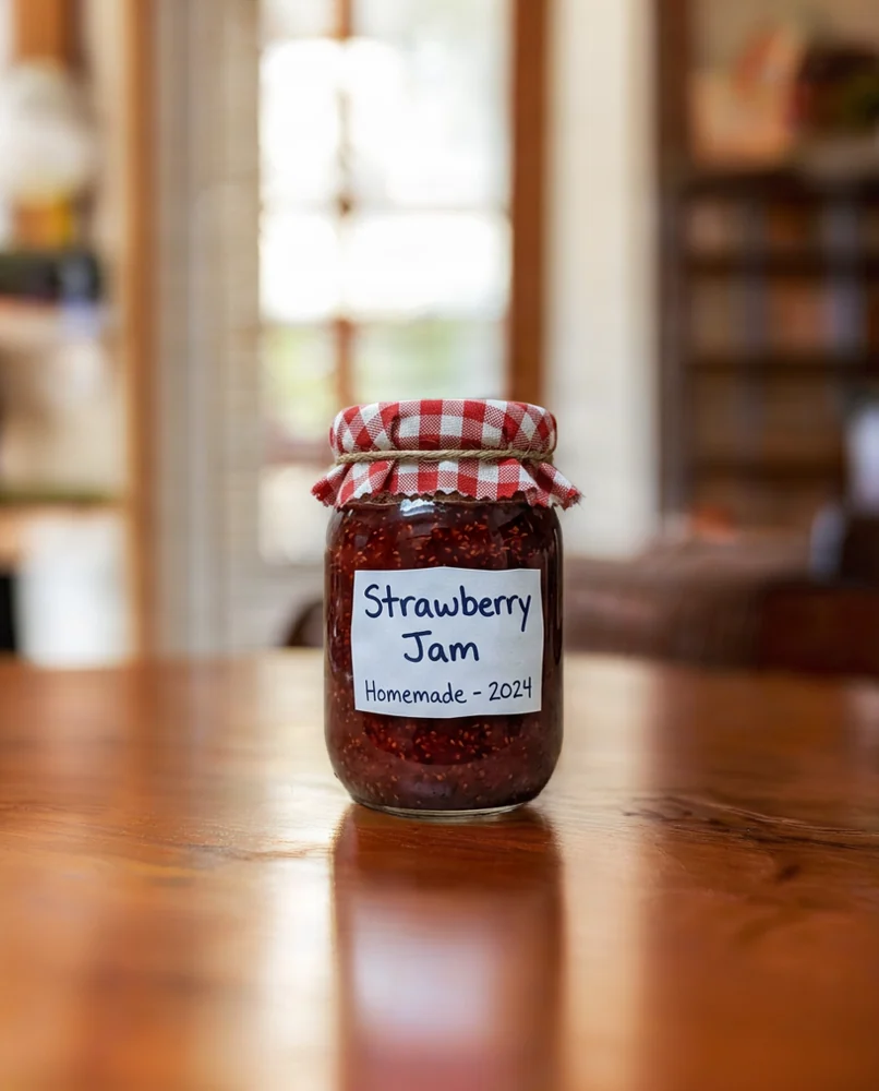 Jar of strawberry jam: wooden table scene
