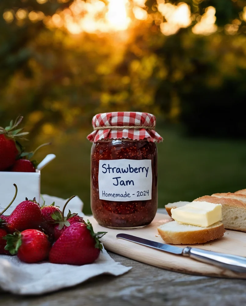 Jar of strawberry jam: picnic scene