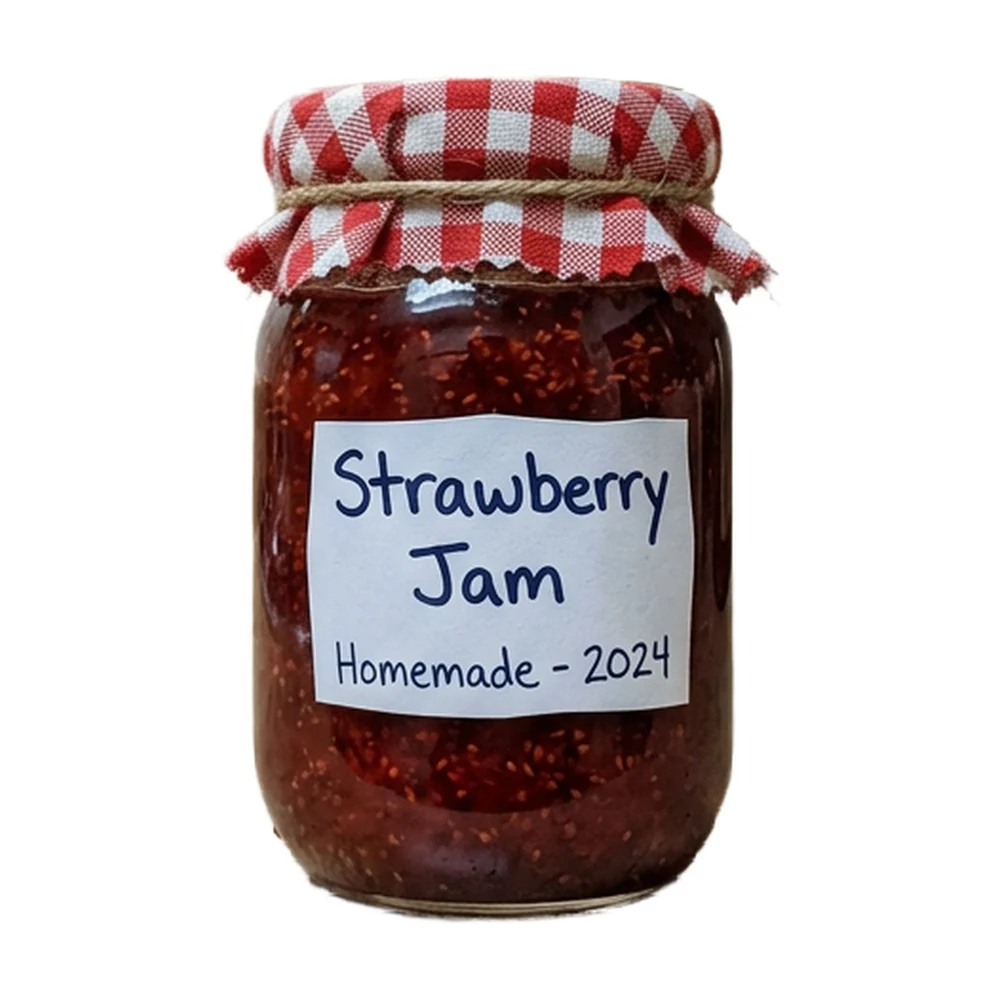 Jar of strawberry jam on a pure white background