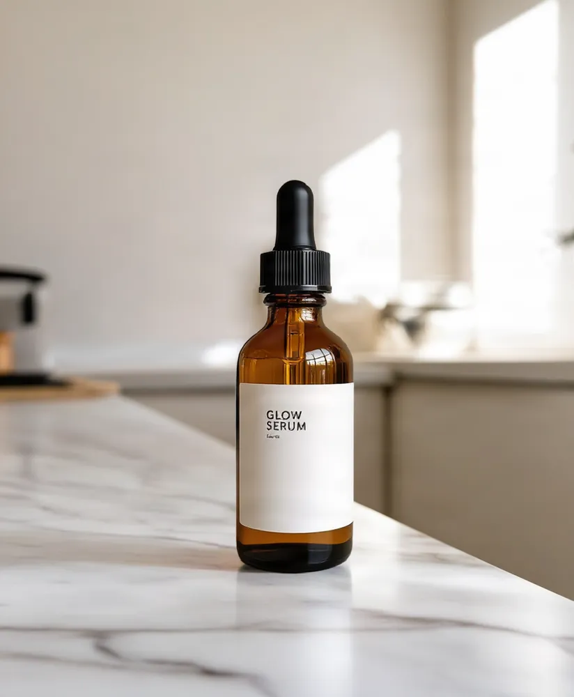 The same bottle placed on a marble counter by AiArter