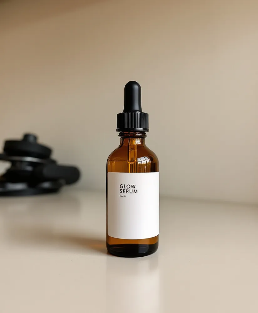 Original phone photo of a serum bottle on a kitchen counter