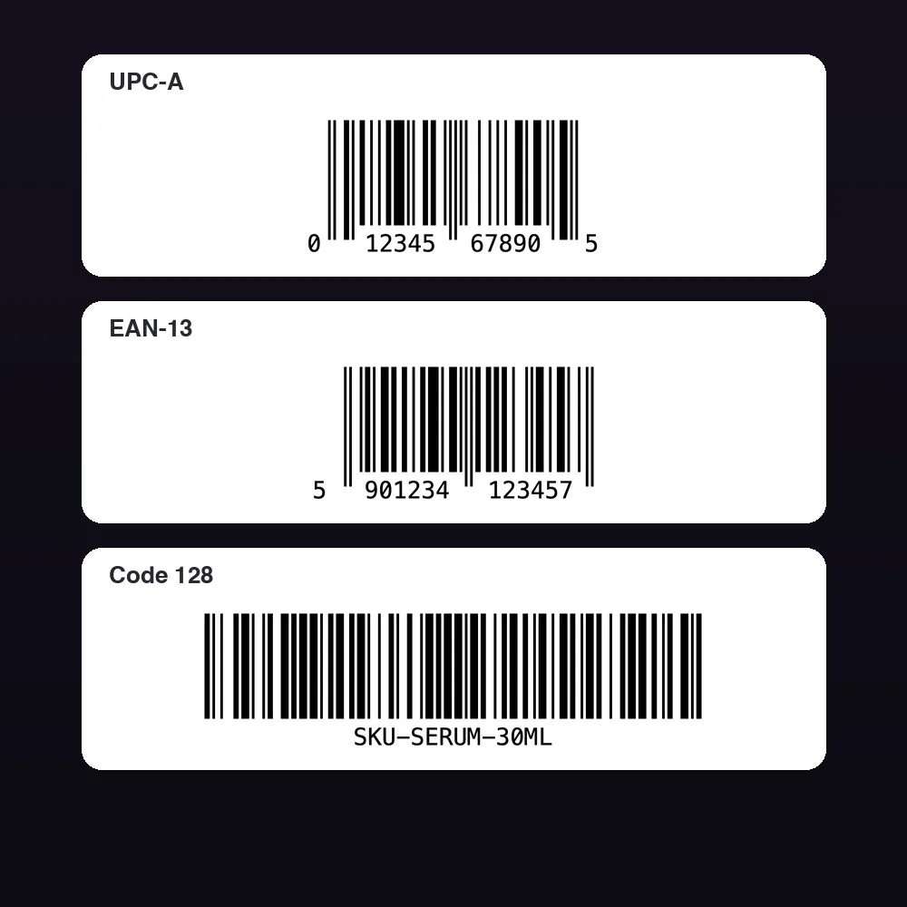 UPC-A, EAN-13 and Code 128 barcodes made with this tool, check digits added automatically