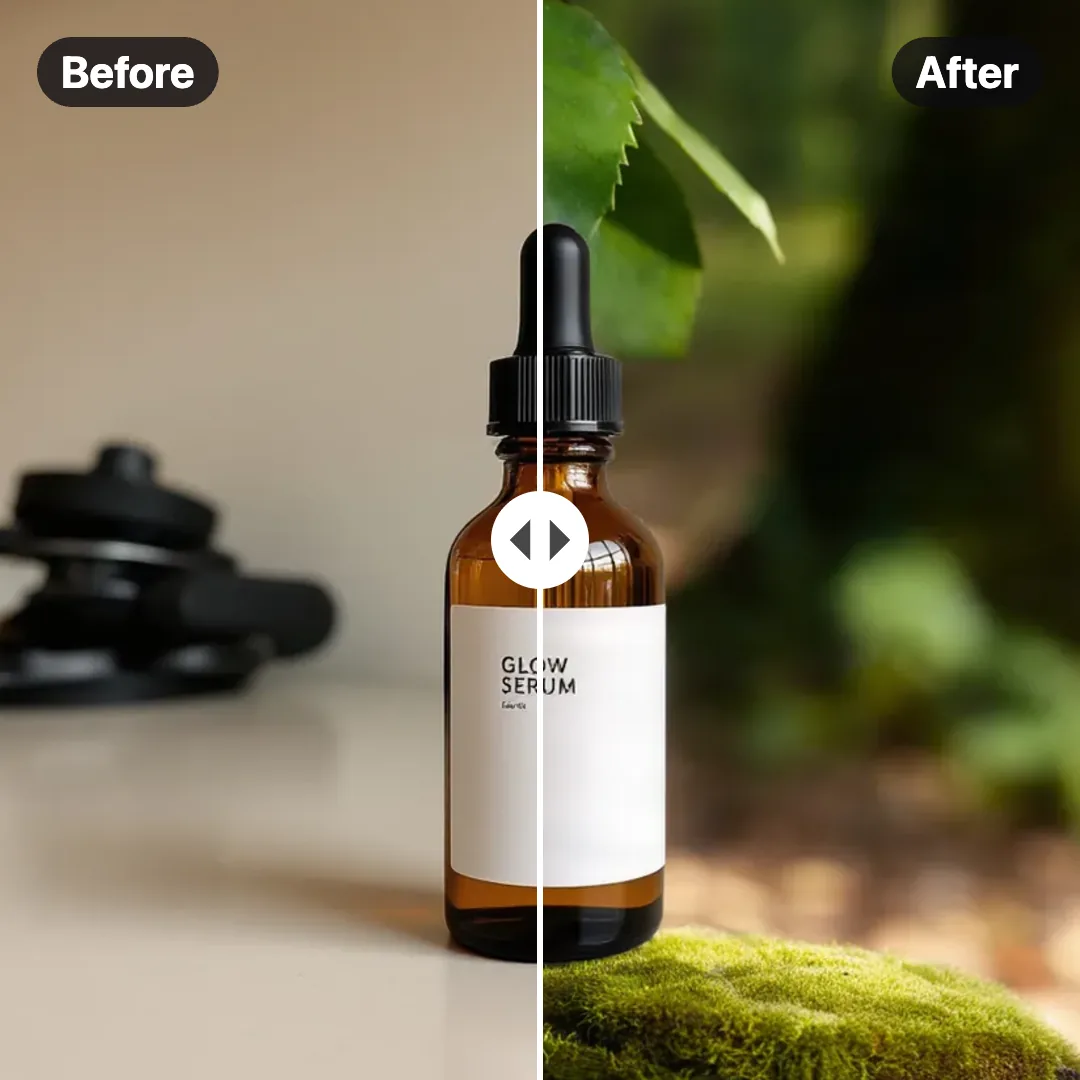 Slider split of a plain product photo and an AI background, made with this tool