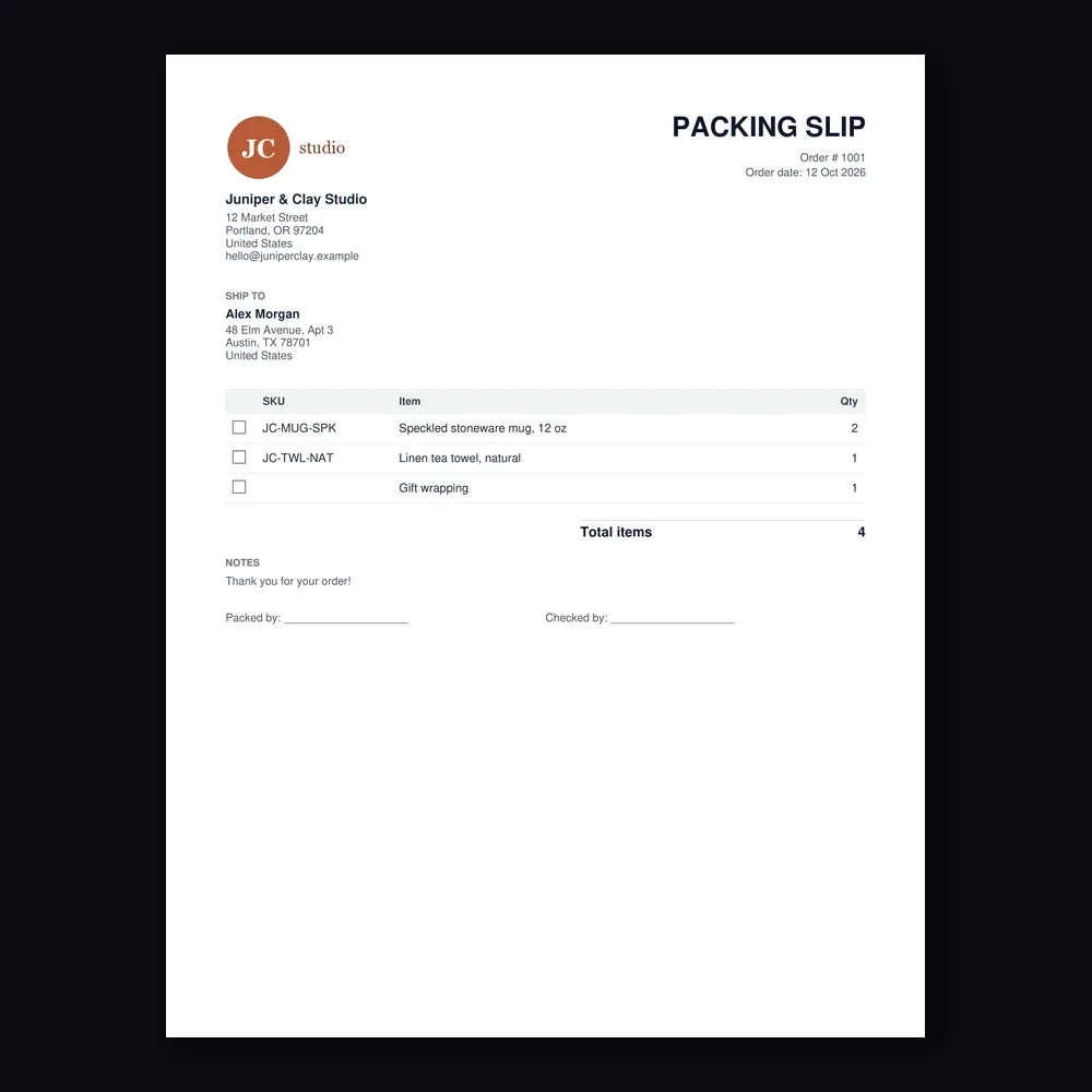 A packing slip made with this tool: logo, ship-to address, 3 SKUs with check boxes and a total item count