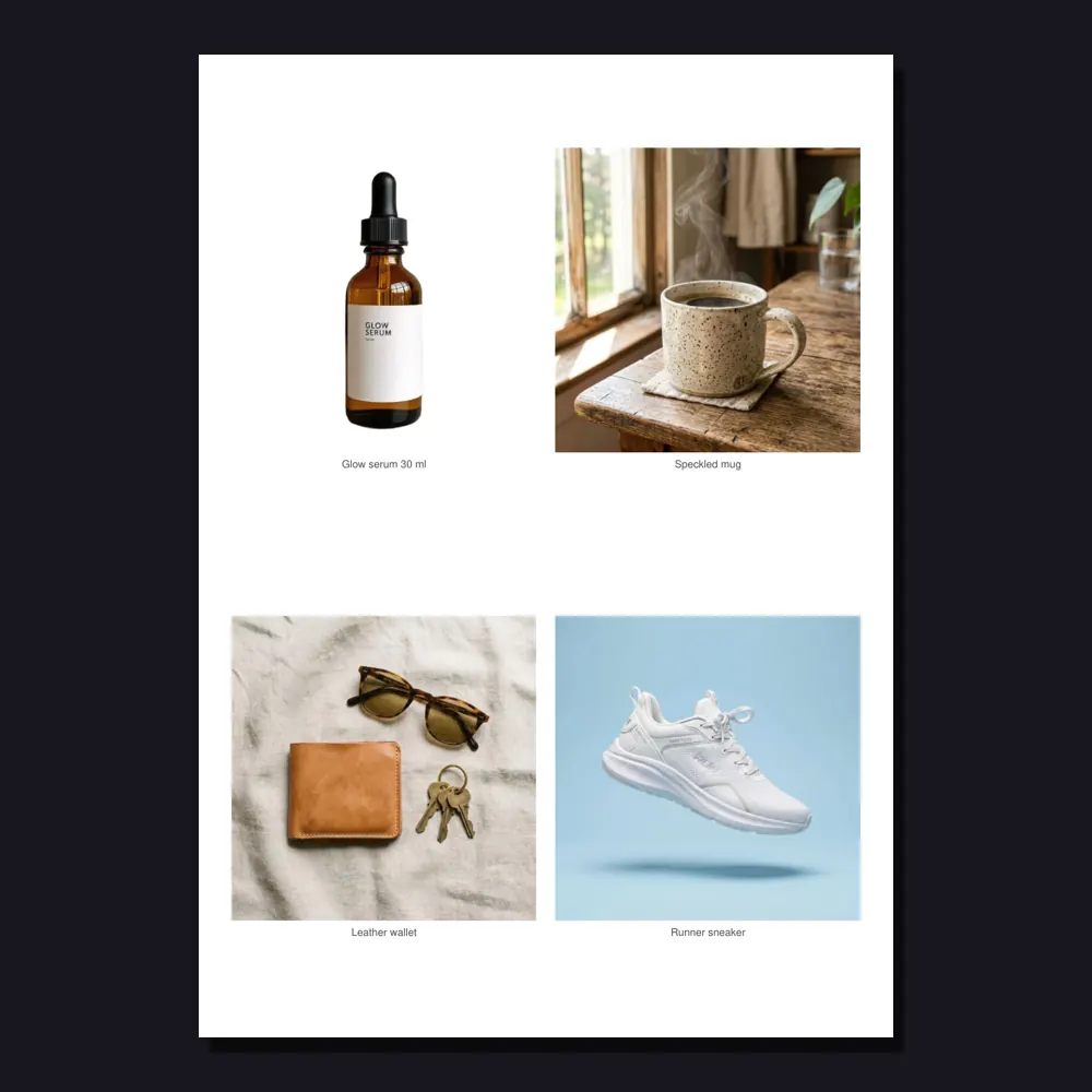 Four product photos on one A4 page with captions, made with this tool