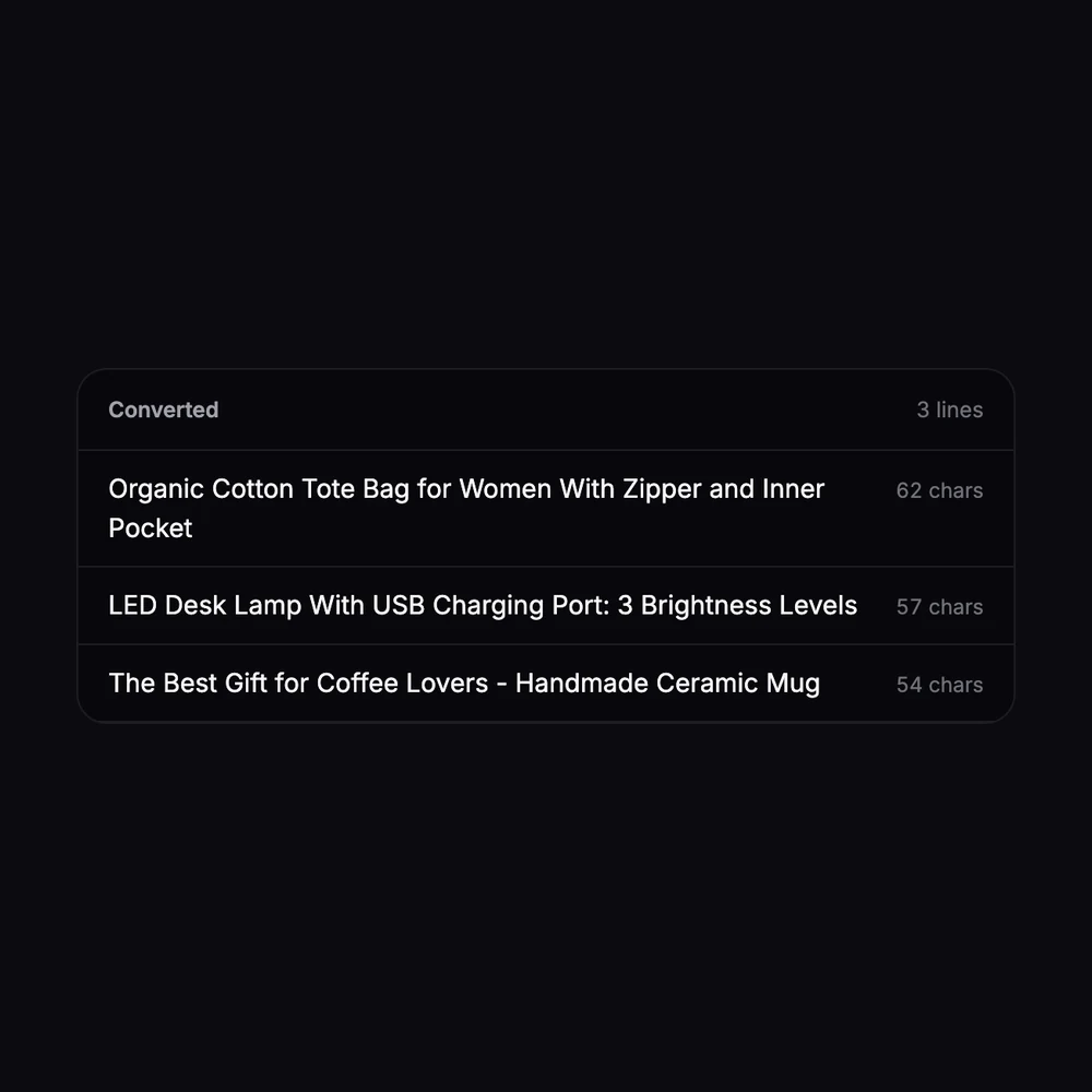 Three product titles converted to Title Case with this tool, with their character counts
