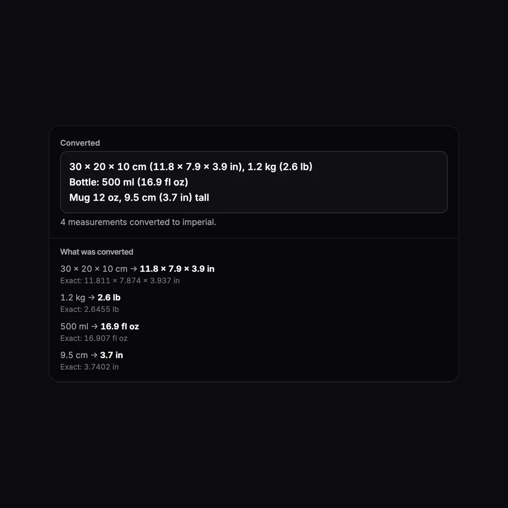 “30 × 20 × 10 cm, 1.2 kg” converted with this tool: 11.8 × 7.9 × 3.9 in, 2.6 lb