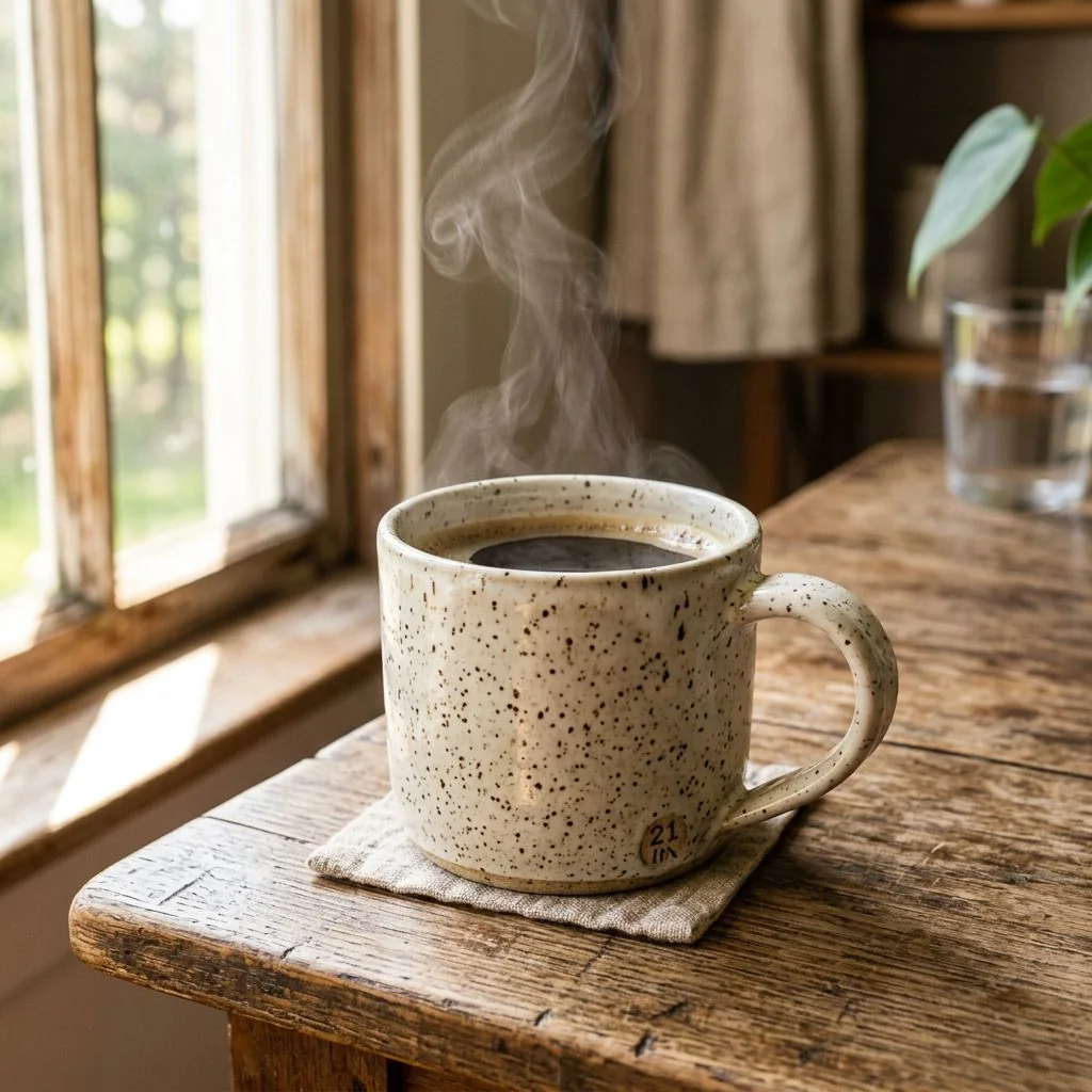 Handmade speckled ceramic mug on a rustic oak table, morning window light, steam rising