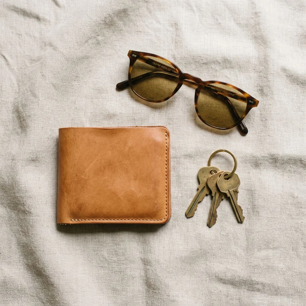 Leather wallet flat lay